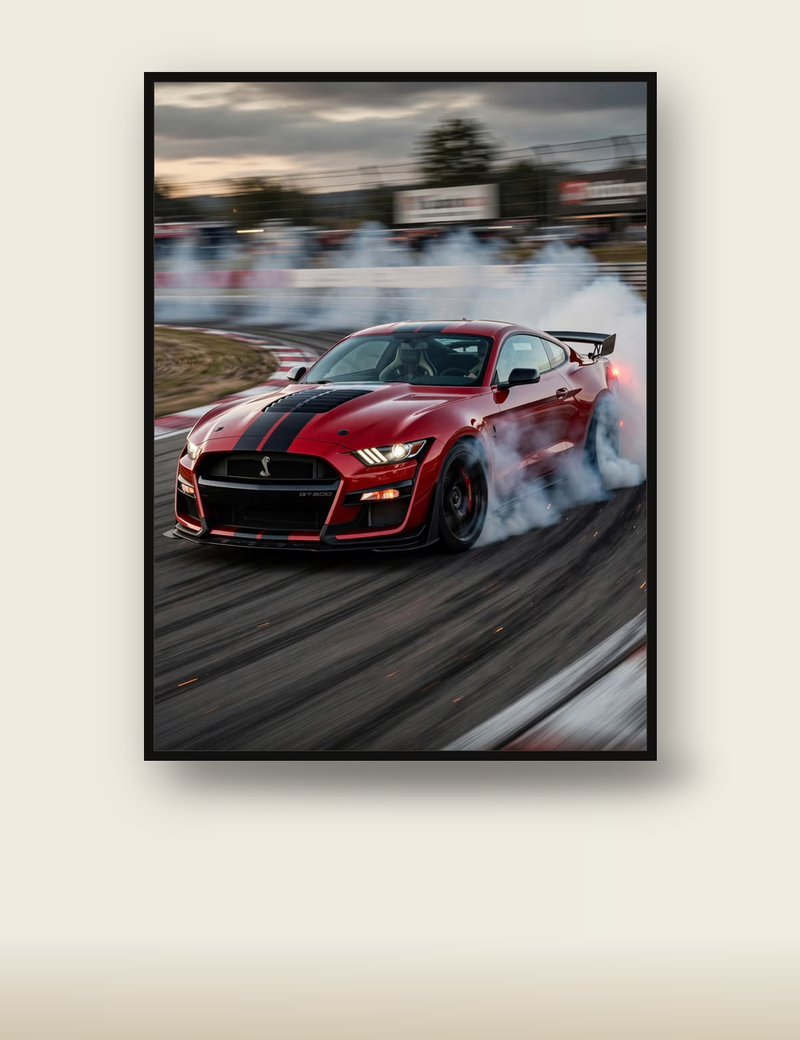 Ford Mustang GT500 Drift Poster – Red Muscle Car Wall Art