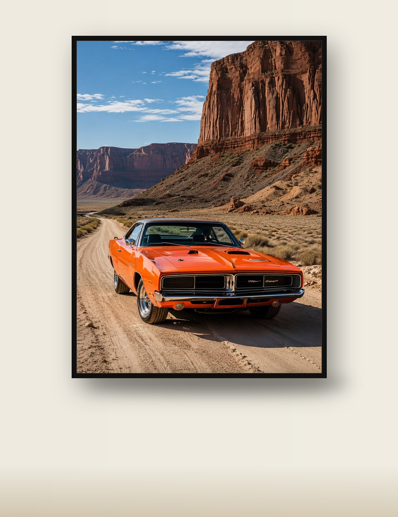 Dodge Charger Desert Poster – Orange Muscle Car Wall Art