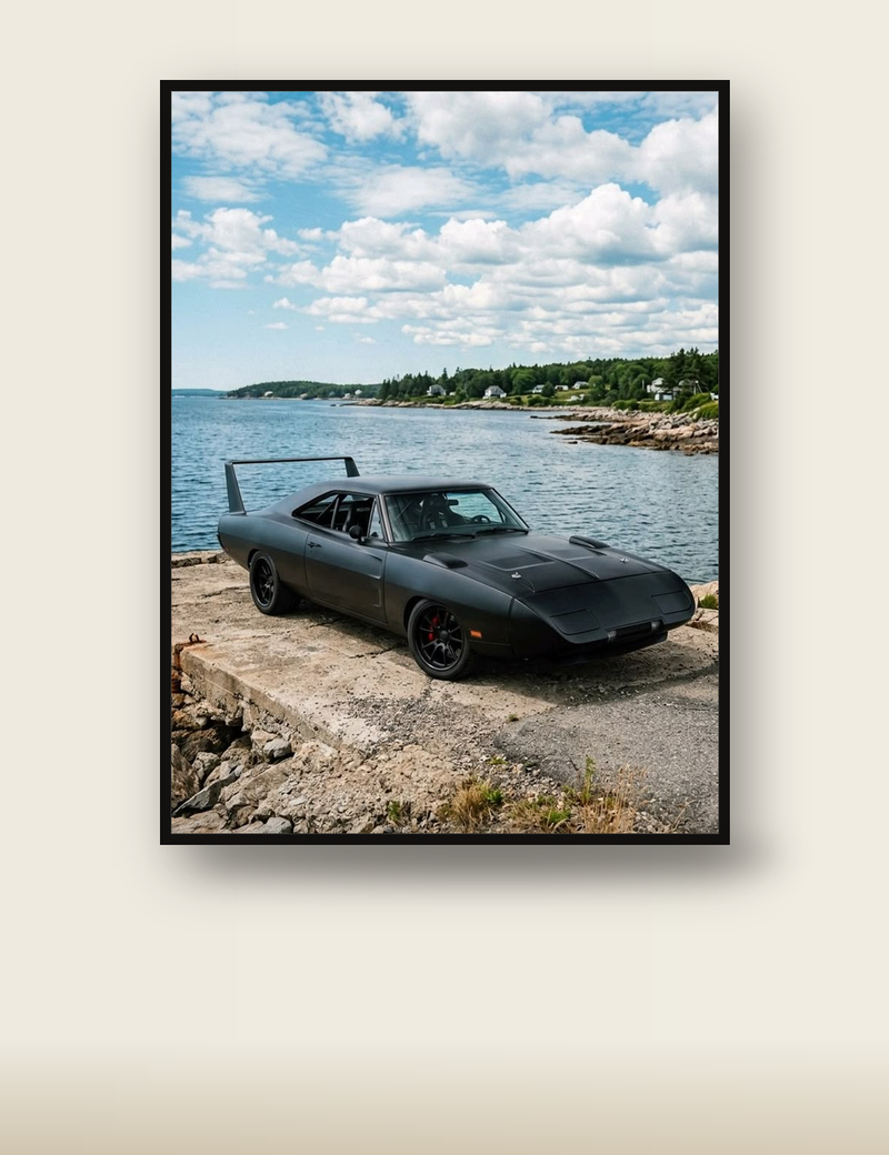 Dodge Daytona Poster – Matte Black Coastal Muscle Car Wall Art