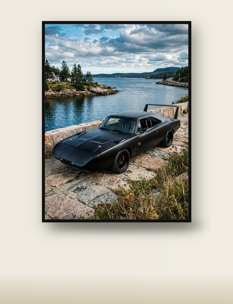 Dodge Daytona Bay Poster – Matte Black Muscle Car Wall Art