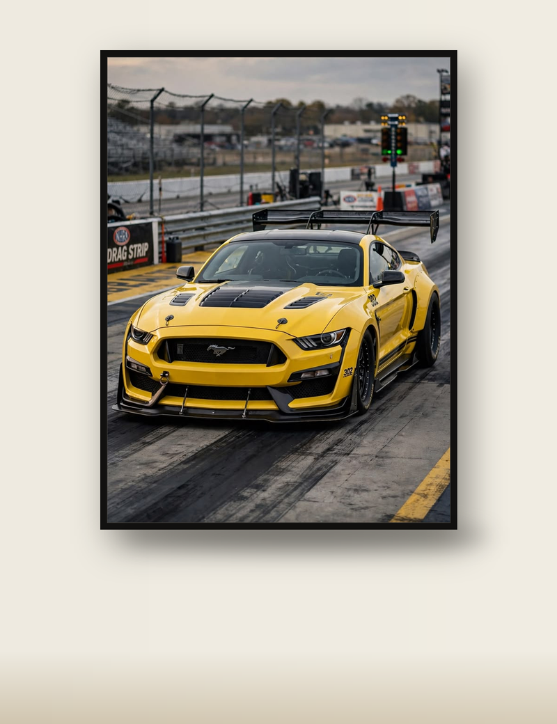 Ford Mustang Drag Poster – Yellow Muscle Car Wall Art