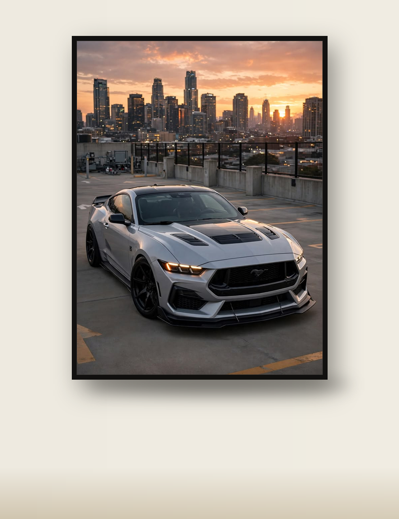 Ford Mustang Rooftop Poster – Silver Muscle Car Wall Art